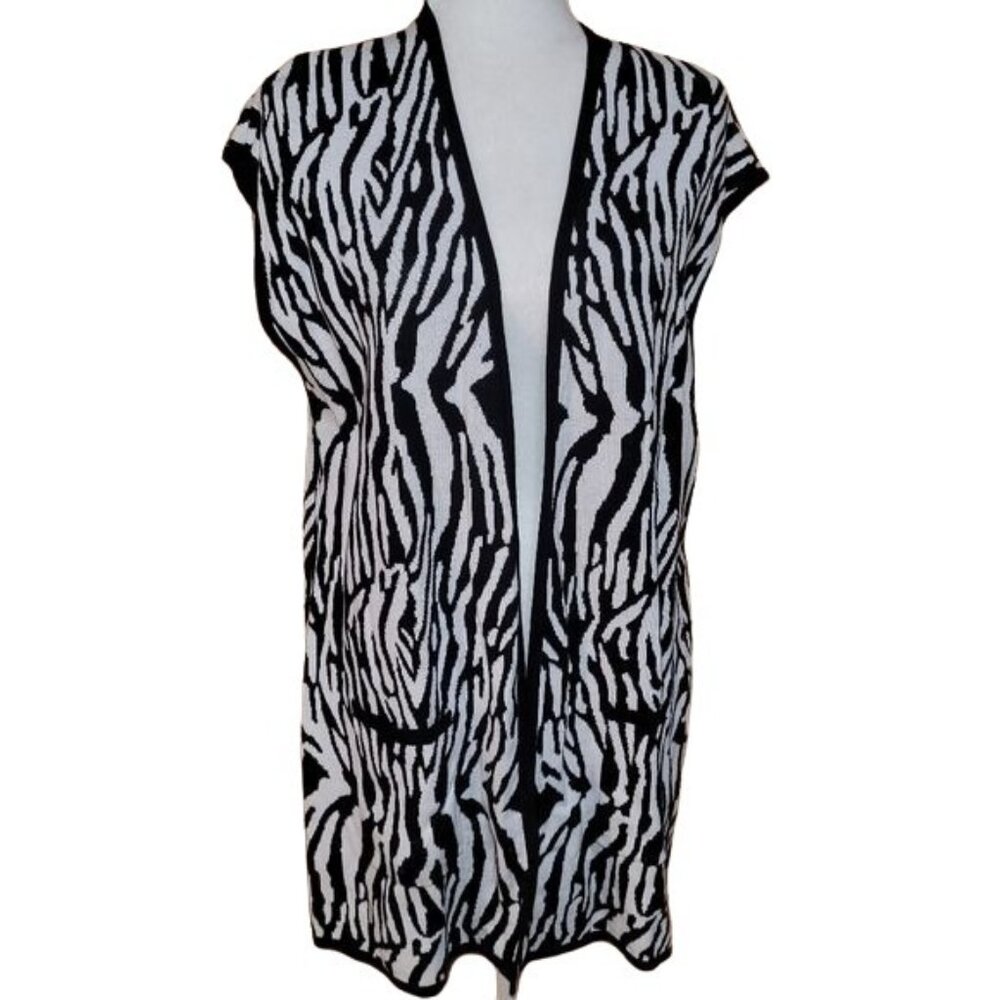 Women's Size Medium Heavy Woven Zebra Print Sleeveless Cardigan/Vest Black/White